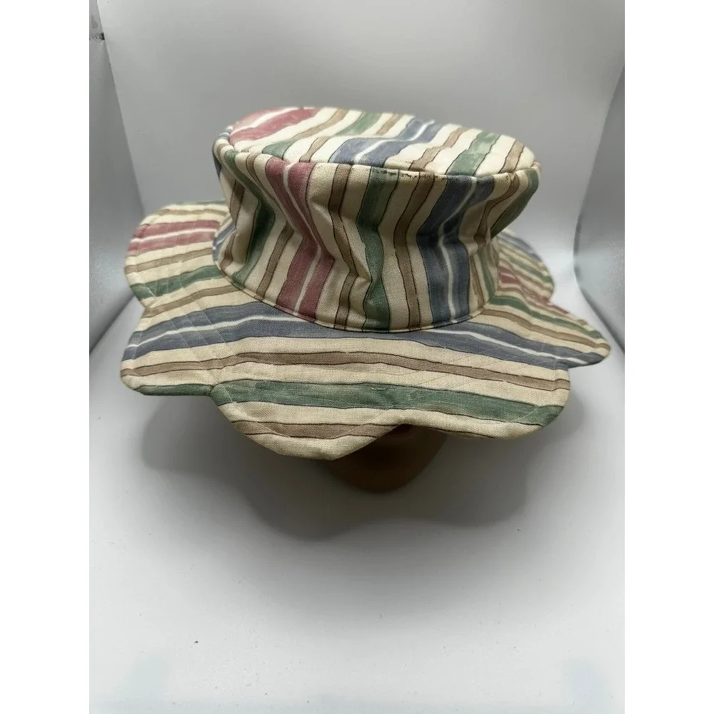 Vintage Scalloped Brim Bucket Hat Multi Color Striped Canvas Sun Hat Earth Tones